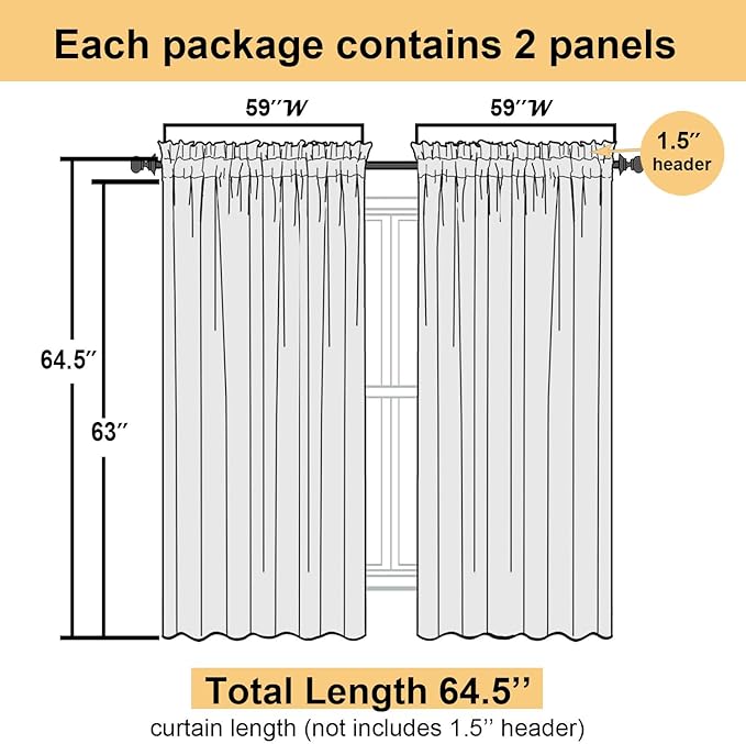 Lecloud Navy Blue Sheer Curtains 63 Inch Length 2 Panels, Rod Pockets Window Treatments Light Filtering Bedroom Curtains for Living Room, Soft Home Drapes for Bathroom, Each Panel 59" W x 63" L