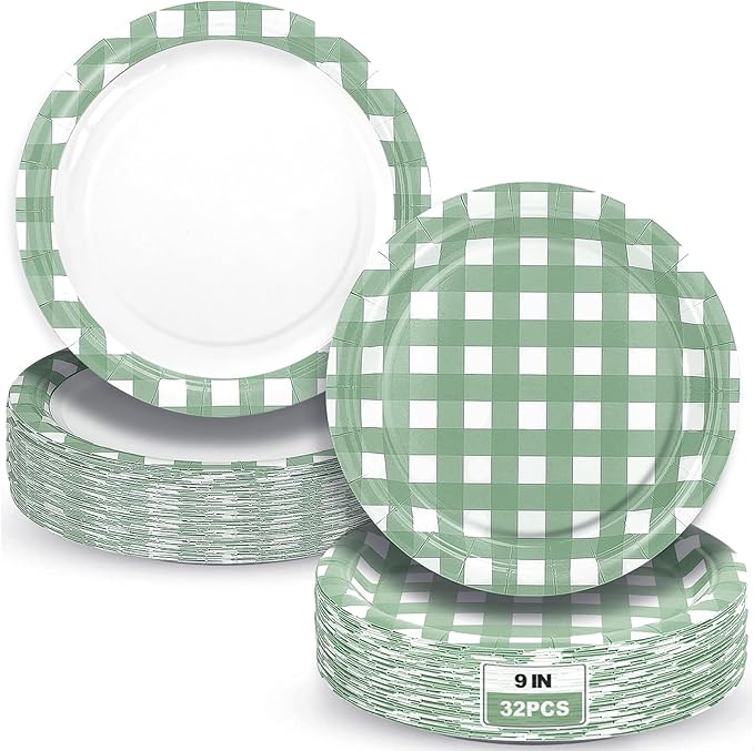 32 Pcs Sage Green Gingham Party Plates - 9 Inch Checkered Plaid Dessert Plates Disposable Sage Green and White Paper Plate - For Picnic BBQ Birthday Dinner Party Supplies