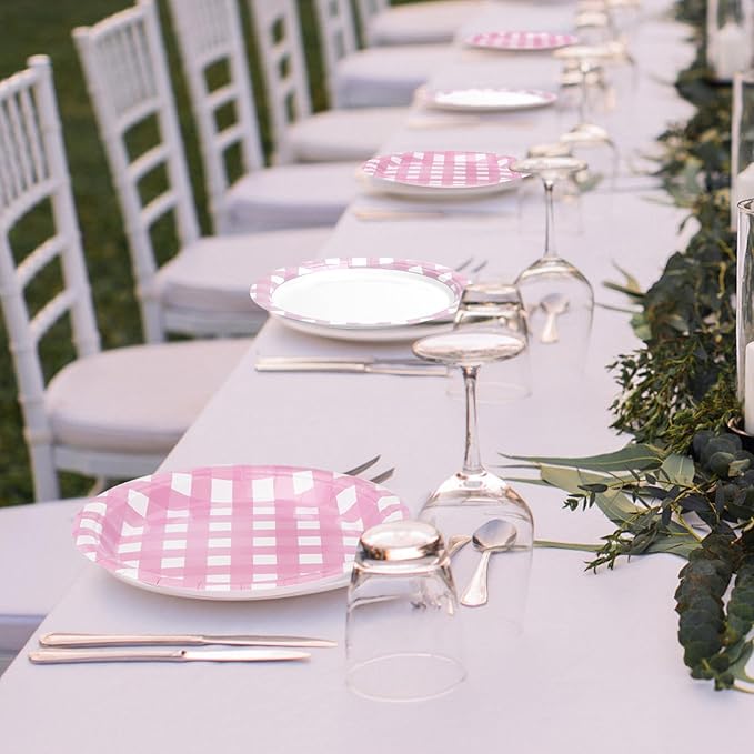 32 Pcs Pink Gingham Party Plates - 9 Inch Checkered Plaid Dessert Plates Disposable Pink and White Paper Plate - For Picnic BBQ Birthday Dinner Party Supplies