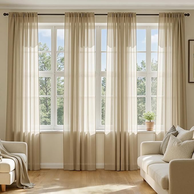 MIULEE Beige Sheer Curtains 108 Inches Long, 4 Panels Set, Rod Pocket Voile Drapes Light Filtering and Semi Transparent, Elegant Window Treatments for Bedroom Living Room,54 x 108 Inches