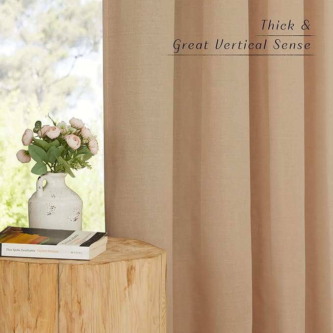 NICETOWN Camel Linen Kitchen Curtains 36 inch Length, Decorative Thick Flax Small Window Treatments Privacy Assured with Light Filtering for Bedroom/Bathroom, W55 x L36, 2 Panels
