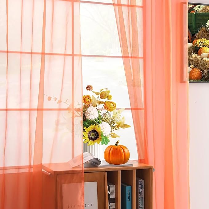 youleyar Solid Sheer Rod Pocket Curtain Voile Draperies 2 Panels White Beige Black Grey Coffee 52 Inch Width 84 Inch Long 1 Pair for Kitchen Bedroom Children Living Room Yard (Orange Red,52Wｘ84L)