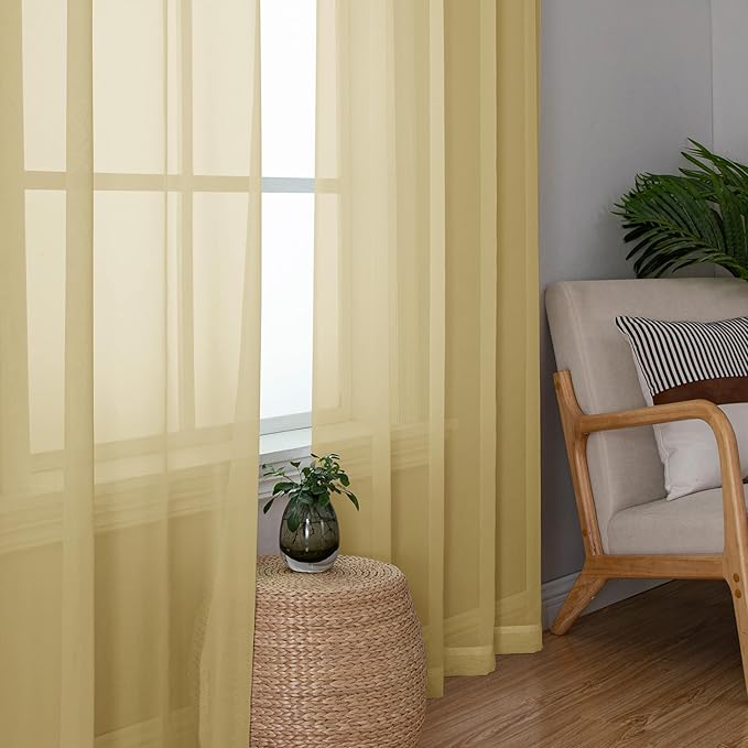Simplebrand Gold Sheer Curtains 90 Inches Long 2 Panels, Light Filtering Rod Pocket Solid Color Window Sheer Curtain Panels, Elegant Curtains & Drapes for Living Room, Bedroom, 59" W x 90" L