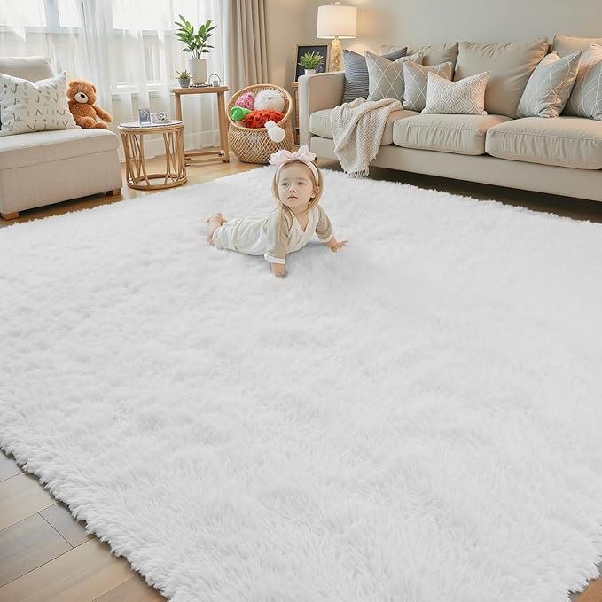 3x5 Rug, Bedside Preppy Dorm Area Rug, College Essentials Small Carpets for Bedroom, Anti Slip Fluffy White Living Room Rugs Home Decor Aesthetic(3 x 5, White)