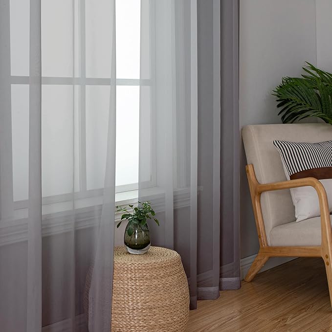 Simplebrand Grey Sheer Curtains 90 Inches Long, Light Filtering Rod Pocket Solid Color Window Sheer Curtain Panels, Elegant Curtains & Drapes for Living Room, Bedroom 2 Panels (Grey, 42" W x 90" L)