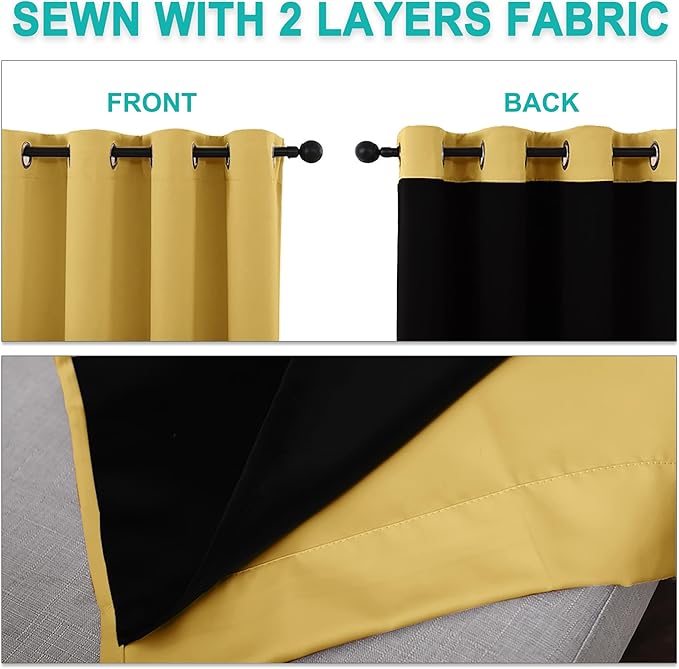 NICETOWN 100% Blackout Curtains with Black Liners, Thermal Insulated Full Blackout 2-Layer Lined Drapes, Noise Cancellation Window Draperies for Dining Room (Bright Yellow, 2 Panels, 55" W by 57" L)