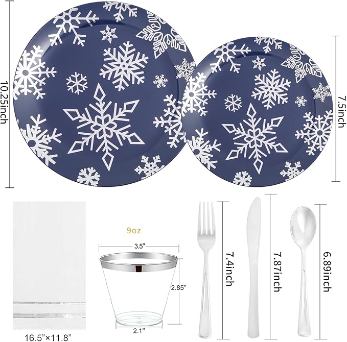 bUCLA 175pcs Christmas Plastic Plates - Christmas Blue and Silver Plastic Snowflake Plates with Silverware, Cups and Paper Napkins - Disposable for Xmas