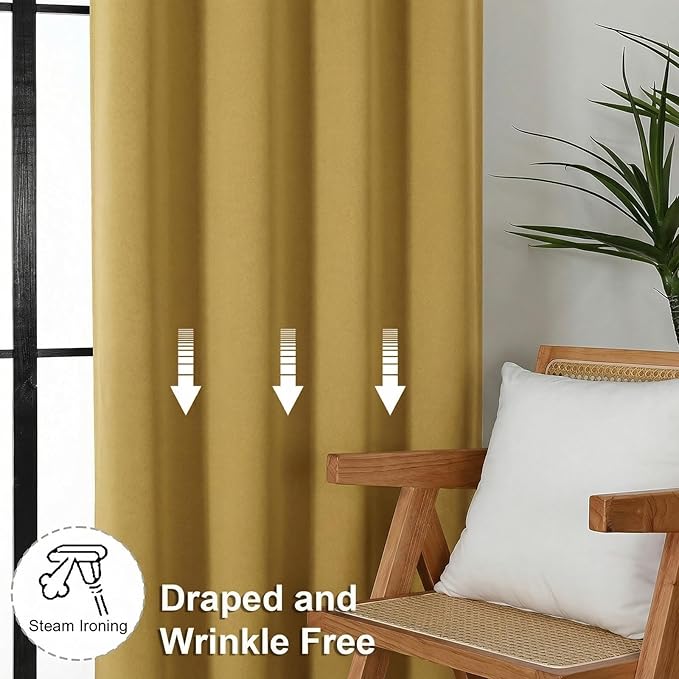 Simplebrand Ava Bright Gold Blackout Curtains for Bedroom 90 Inches Long 2 Panels Set, Solid Privacy Energy Saving Living Room Window Treatment Curtains Blackout Drapes, W50 x L90 Inch, Bright Gold
