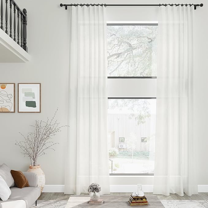 Linen Off White Curtains 144 inch Extra Long for Living Room Back Tab Light Filtering Semi Sheer Drapes Modern Farmhouse Coastal White Cotton Textured Curtain for Floor to Ceiling Window 12 FT