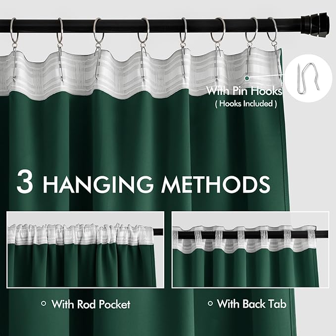 MIULEE Christmas Hunter Green Back Tab Blackout Curtain 96 Inch Long 2 Panels Set for Living Room Bedroom, Rod Pocket/Pinch Pleat Thermal Insulated Room Darkening Pleated Floor to Ceiling Drapes
