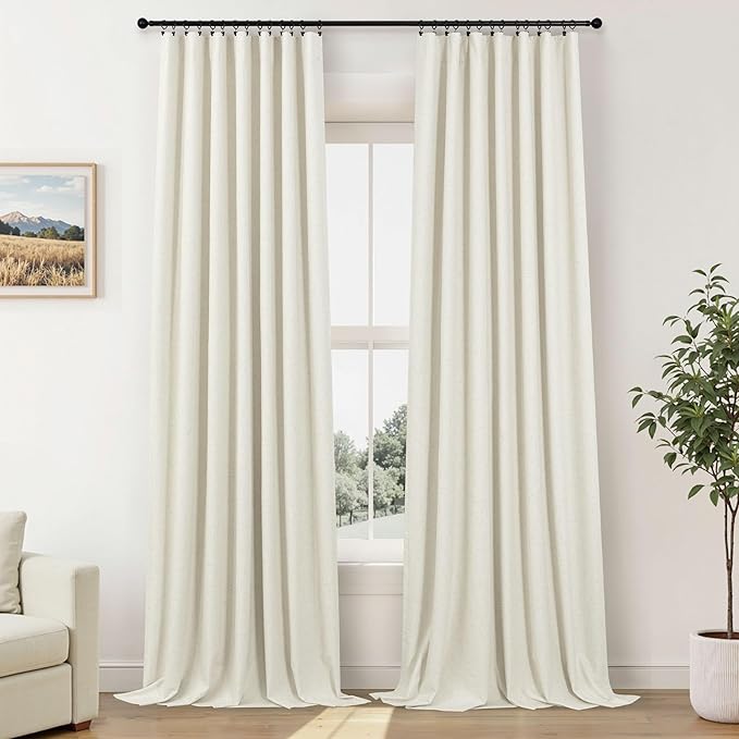 100% Blackout Curtains 90 Inch Long for Living Room 2 Panel Boho Modern Farmhouse Room Darkening Thermal Curtain for Winter Insulated Cream Linen Drape for Bedroom Aesthetic Patio Sliding Door Length