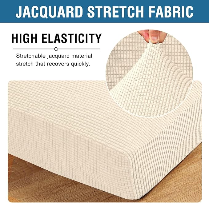H.VERSAILTEX Super Stretch Individual Seat Cushion Covers Sofa Covers Couch Slipcover Sets Thick Jacquard Textured Twill Fabric (3 Piece Sofa Cushion Covers, Cream)