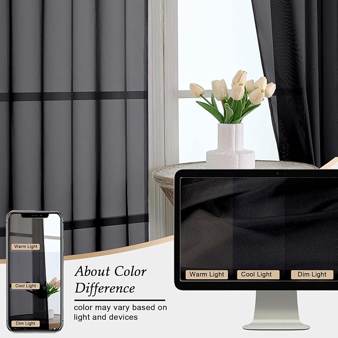 Extra Long Black Sheer Curtains for Bedroom Living Room 120 Inches Long 2 Panels Set, Solid Soft Light Filtering Rod Pocket Sheer Window Curtains, Black, Each 59" Wx120 L Inch