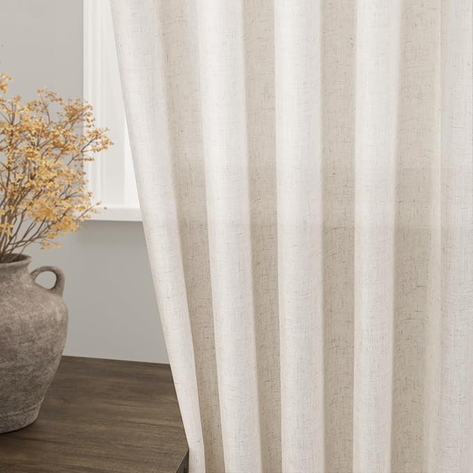 Nanspring Beige Linen Curtain 100 inches Long for Living Room Back Tab Neutral Vintage Country Rustic Farmhouse Curtain Burlap Textured Canvas Cloth Look Linen Drapes for Dinning Room Bedroom