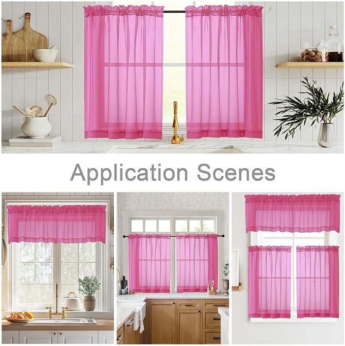 Cafe Curtains 36 Inch Length Tier 2 Pieces, Modern Soft Airy Sheer Kitchen Short Curtains for Small Window, Rod Pocket Small Curtain for Bathroom Basement, Hot Pink, Each, 42" Wx36 L Inches