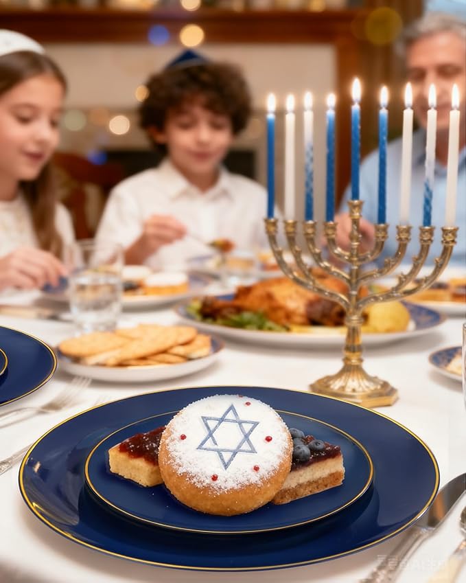 bUCLA 150PCS Blue and Gold Plastic Plates - 25 Guests Navy Blue Plastic Dinnerware Disposable for Party and Hanukkah - Include 25 Dinner/Dessert Plates, 25 Knives, 25 Forks, 25 Spoons, 25 Cups