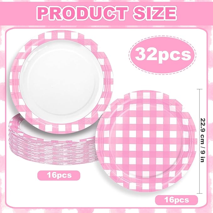32 Pcs Pink Gingham Party Plates - 9 Inch Checkered Plaid Dessert Plates Disposable Pink and White Paper Plate - For Picnic BBQ Birthday Dinner Party Supplies