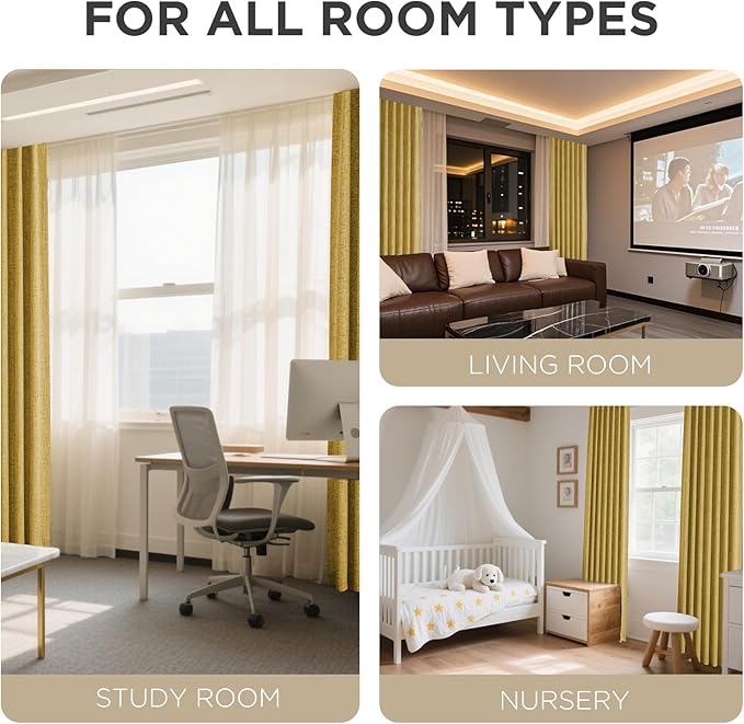 Joydeco Blackout Curtains for Bedroom - 100% Light Blocking 2 Panels Set Yellow Drapes 42" W x 90" L, Thermal Insulated Room Darkening Curtains, Linen Textured for Living Room, Rod Pocket & Back Tabs