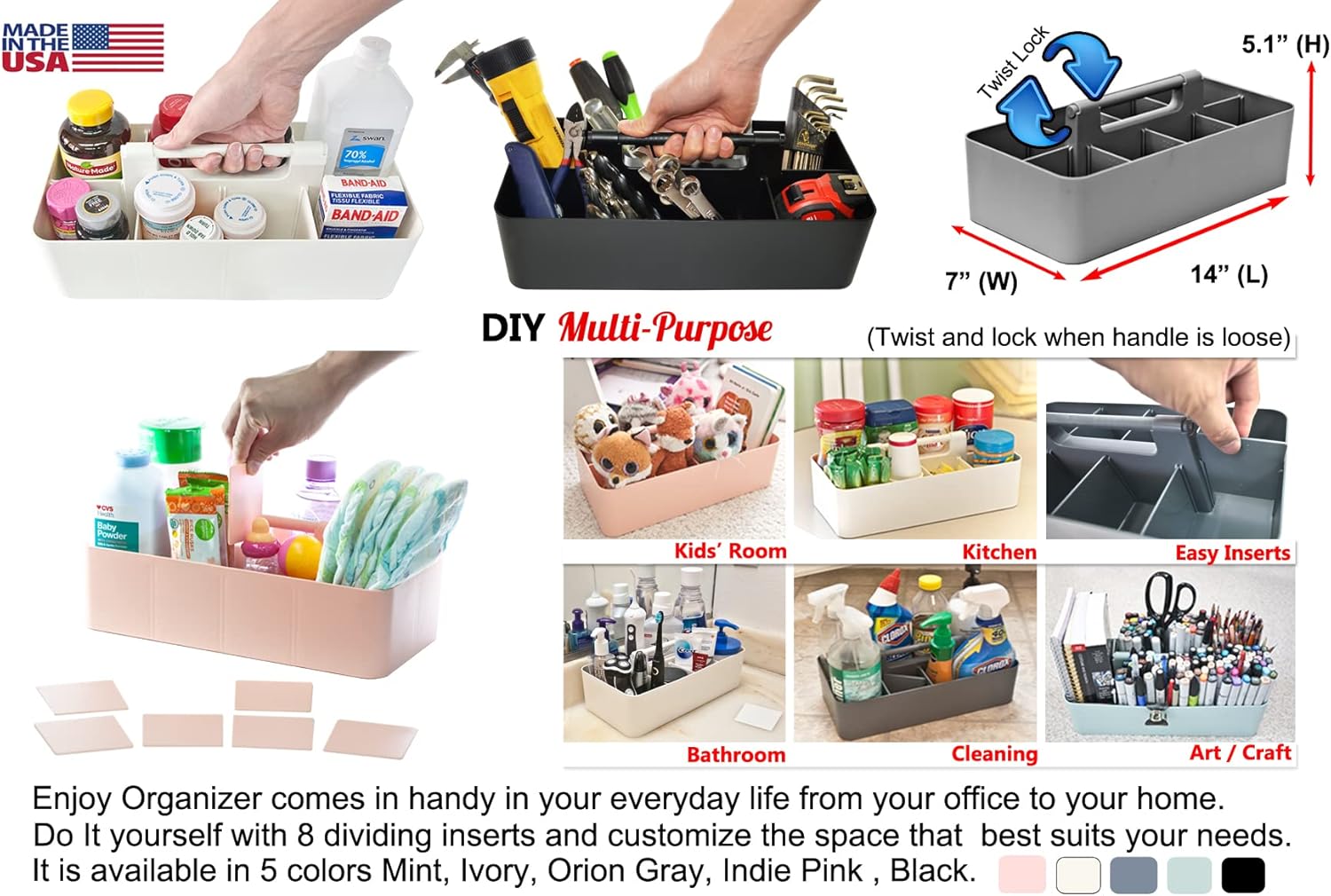 -Large Portable Caddy, DIY Dividers, 8 Compartments, School Office Supplies Business Organizer,Portable Basket with Handle Made in USA (3 PACK, Black/Gray/Ivory)