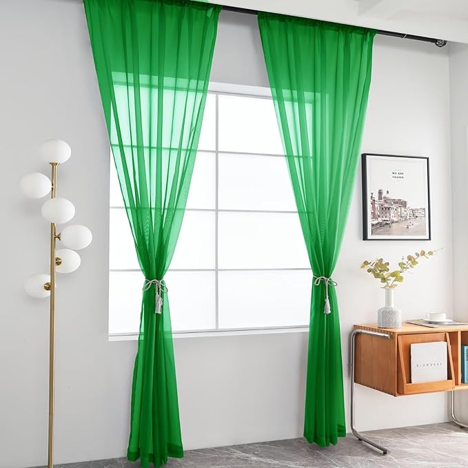 youleyar Solid Sheer Rod Pocket Curtain Voile Draperies 2 Panels White Beige Black Ivory Coffee 26 Inch Width 24 Inch Long 1 Pair for Kitchen Bedroom Children Living Room Yard(Green,26W x 24L)