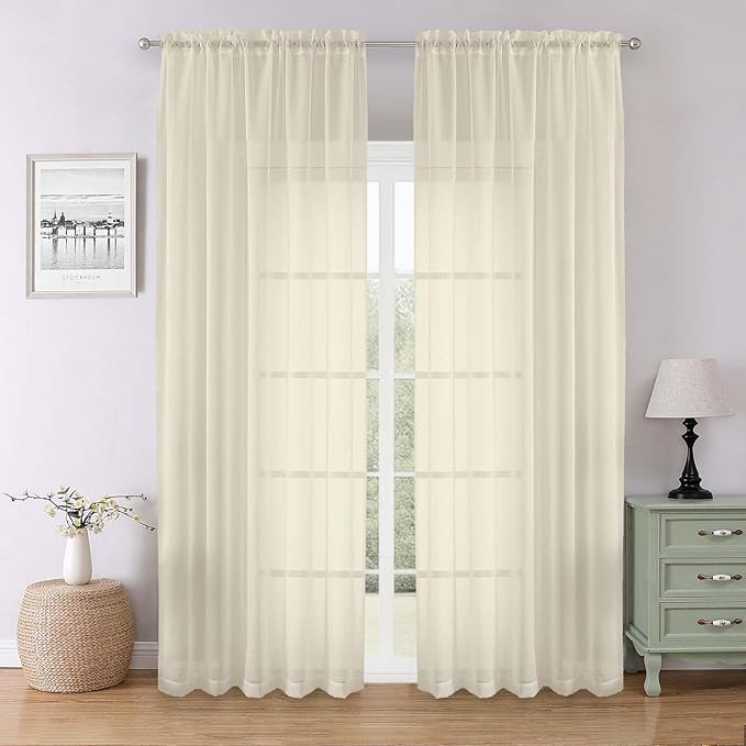 Lecloud Cream Sheer Curtains for Bedroom 90 Inches Long 2 Pcs, Rod Pockets Window Curtains for Living Room Dining Room, Modern Farmhouse Decor Light Filtering Drapes, Each Panel 59" W x 90" L