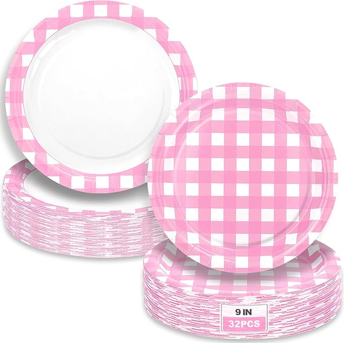 32 Pcs Pink Gingham Party Plates - 9 Inch Checkered Plaid Dessert Plates Disposable Pink and White Paper Plate - For Picnic BBQ Birthday Dinner Party Supplies