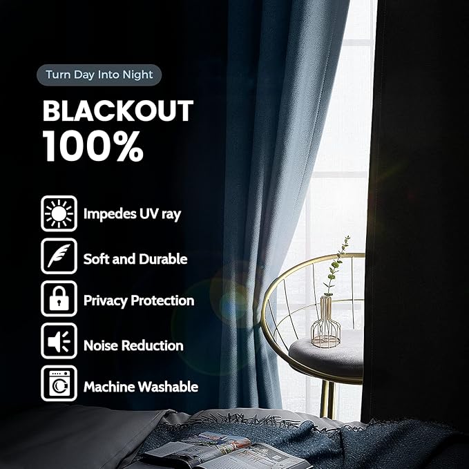 SimpleHome 100% Blackout Curtains for Bedroom,Thermal Insulated Stone Blue Grommet Window Drapes Room Darkening Curtains for Living Room with Black Back,62 x 84 Inch,2 Panels
