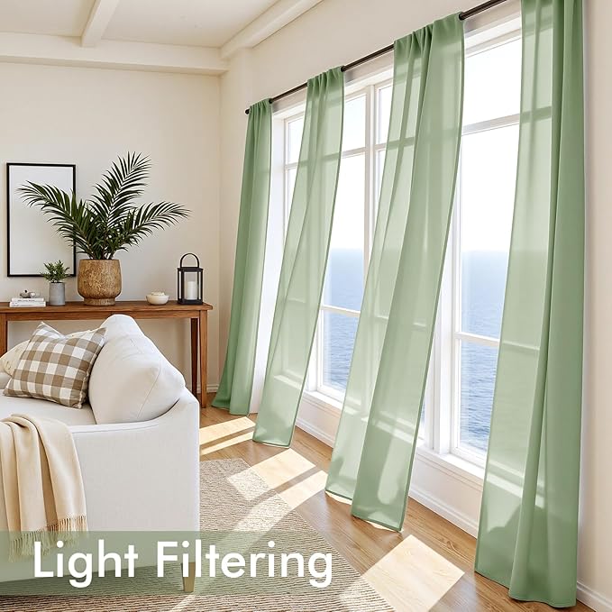 MIULEE Sage Green Sheer Curtains 84 Inches Long, 4 Panels Set, Light Filtering Rod Pocket Voile Drapes Window Treatments, Semi Transparent Airy Fabric for Bedroom and Living Room, 42 x 84 Inches
