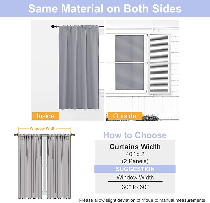 Simplebrand Ava Silver Grey Blackout Curtains for Bedroom 63 Inch Length 2 Panels, Solid Thermal Insulated Energy Saving Rod Pocket Window Treatment Curtains Blackout Drapes, W40 x L63 Inch, Silver
