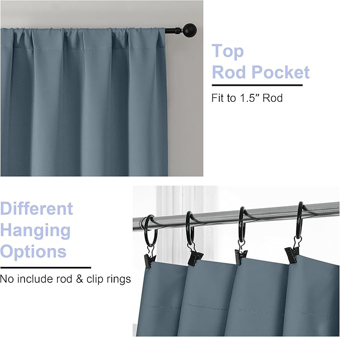 Simplebrand Ava Stone Blue Blackout Curtains for Bedroom 90 Inches Long 2 Panels Set, Solid Privacy Energy Saving Living Room Window Treatment Curtains Blackout Drapes, W40 x L90 Inch, Stone Blue
