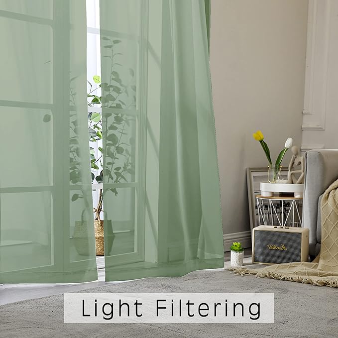 OWENIE Sheer Curtains, Sage Green Sheer Curtains 63 inch Length 2 Panels Set, Rod Pocket Voile Fimly Sheer Drapes for Living Room/Bedroom, 2pcs, Each 42" W x 63" L