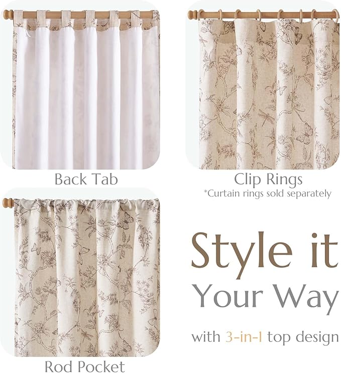 jinchan Floral Curtains Lined Linen Blend Curtain for Living Room 96 Inch Length Taupe Farmhouse Flower Patterned Curtain French Country Curtains Drapes Back Tab Rod Pocket 2 Panels