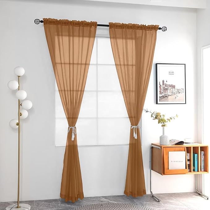 youleyar Solid Sheer Rod Pocket Curtain Voile Draperies 2 Panels White Beige Black Grey Ivory 52 Inch Width 72 Inch Long 1 Pair for Kitchen Bedroom Children Living Room Yard (Light Brown,52Wｘ72L)