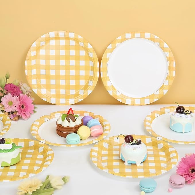 52 Pcs Yellow Gingham Party Plates - 9 Inch Checkered Plaid Dessert Plates Disposable Yellow and White Paper Plate - For Picnic BBQ Birthday Dinner Party Supplies