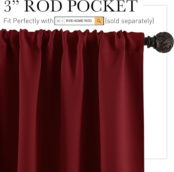RYB HOME Short Blackout Curtains for Bedroom, Room Darkening Insulated Summer Heat Light UV Blocking Energy Saving Drapes for Nursery, Width 34 by Length 45, Burgundy Red, Set of 2