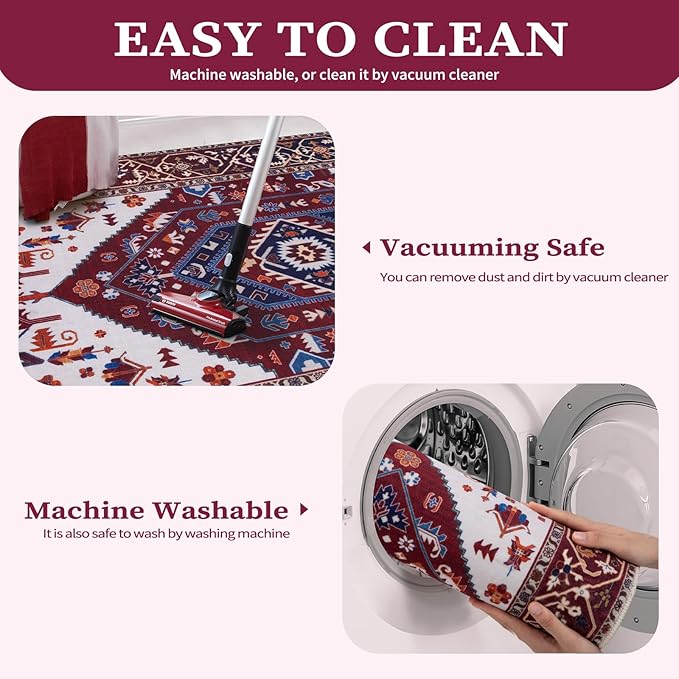 SERISSA Area Rug 3x5 Boho Rugs for Bedroom, Washable Non-Slip Living Room Rug, Ultra Soft Print Distressed Vintage Burgundy Navy Rug Low-Pile Throw Carpet for Entry Kitchen Nursery Dorm Decor