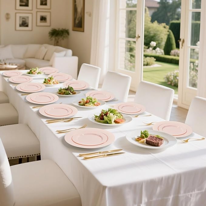 200 PCS Pink Plastic Plates, Plastic Disposable Plates Include 100 Dinner Plate and 100 Dessert Plate Perfect for Holiday, Birthday, Wedding & Party