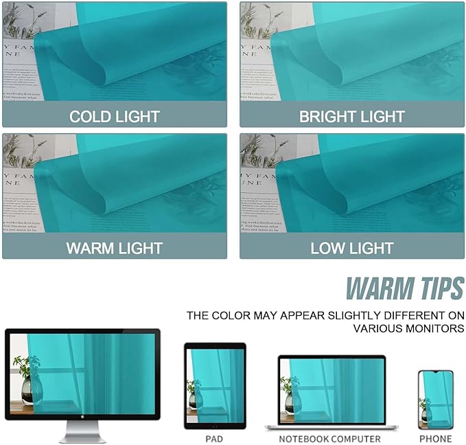 Turquoise Sheer Curtains 90 Inches Long 2 Panels, Light Filtering Solid Sheer Curtains for Bedroom Living Room, Lightweight Soft Airy Voile Sheer Drapes, Dual Rod Pocket, 2x42Wx90L Inches