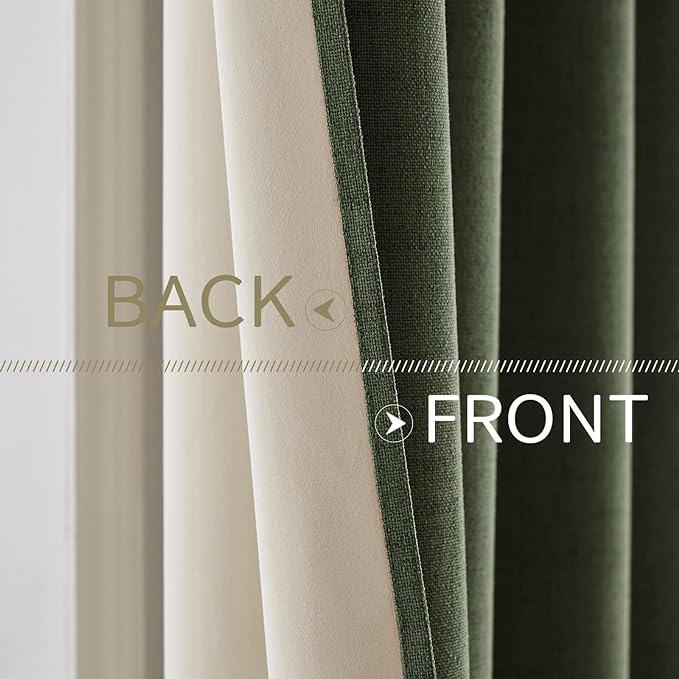 MIULEE 100% Blackout Linen Textured Curtains for Bedroom Solid Thermal Insulated Olive Green Grommet Room Darkening Curtains & Drapes Luxury Decor for Living Room Nursery 42 x 84 Inch (2 Panels)