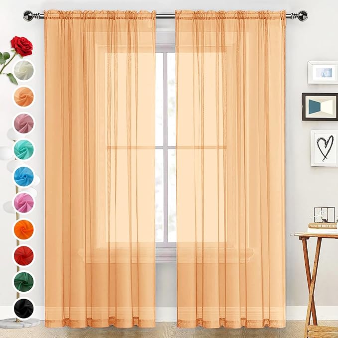 SpaceDresser Sheer Voile Window Treatment Rod Pocket Curtain Panels for Kitchen Bedroom Living Room Drapes Sunlight Filtering Privacy Semi Home Decor Assorted (Beige, 52 W x 84 L)