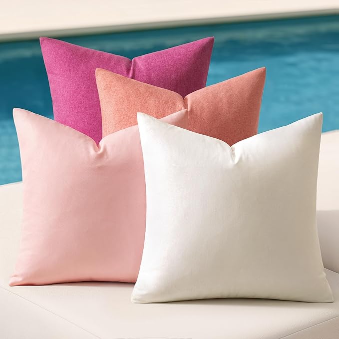 MIULEE Pack of 4 Decorative Outdoor Throw Pillow Covers Linen Waterproof Pillow Covers Spring Valentine Farmhouse Cushion Cases for Patio Garden Tent Balcony Couch Sofa 18x18 inch Pink
