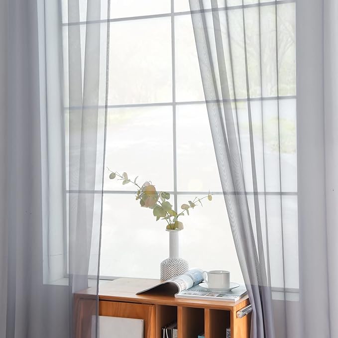 youleyar Solid Sheer Rod Pocket Curtain Voile Draperies 2 Panels White Beige Black Grey Coffee 52 Inch Width 84 Inch Long 1 Pair for Kitchen Bedroom Children Living Room Yard(Grey,52Wｘ84L)