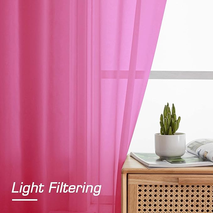 OWENIE Short Hot Pink Sheer Curtains 36 Inch Length 2 Panels Set, Kitchen Tiers Curtains Light Filter Rod Pocket Voile Cafe Curtain for Basement Bathroom Small Half Window, 42" W x 36" L, Hot Pink