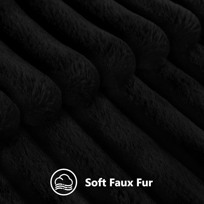 decorUhome Cozy Faux Fur Throw Pillow Covers 24x24 Set of 2 Decorative Soft Plush Striped Modern Farmhouse Boho Couch Euro Sham Pillow Cases with Velvet Back for Sofa Bed Living Room, Black