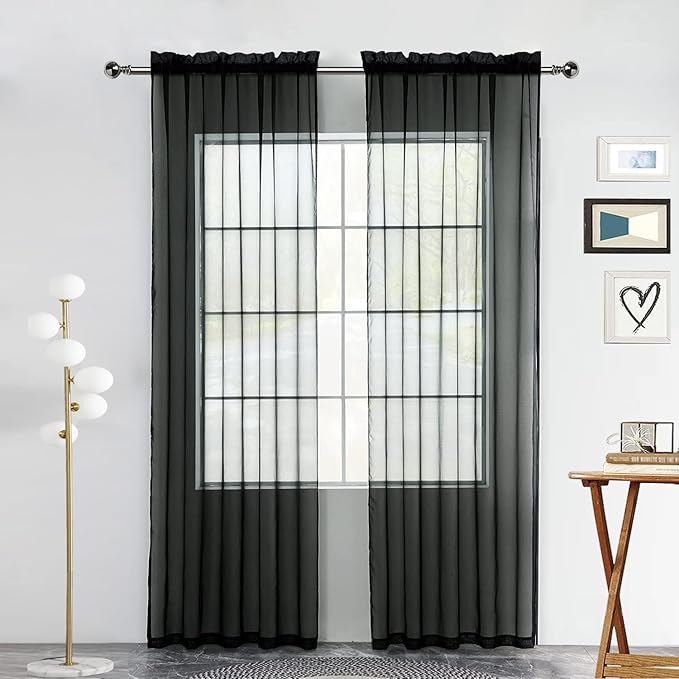 youleyar Solid Sheer Rod Pocket Curtain Voile Draperies 2 Panels White Beige Black Grey Coffee 52 Inch Width 108 Inch Long 1 Pair for Kitchen Bedroom Children Living Room Yard(Black,52Wｘ108L)