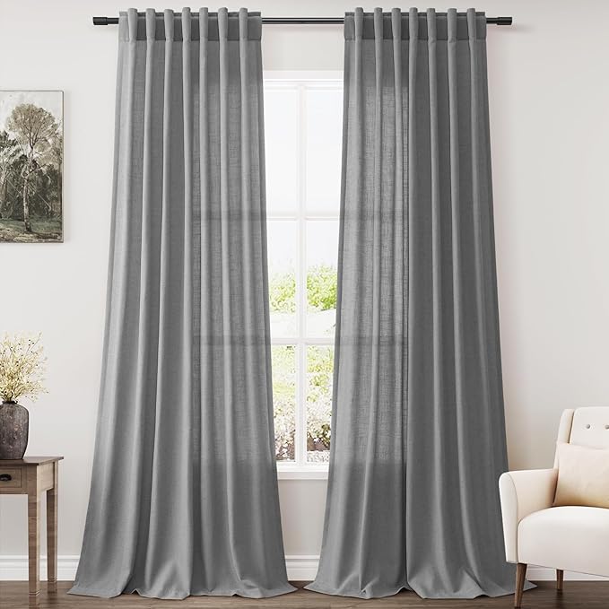 Dark Grey Linen Curtains 96 Inches Long for Living Room Burlap Textured Linen Drapes Rod Back Tab Vintage Rustic Farmhouse Light Filtering Curtain 96 Inch Length for Dinning Room Bedroom 52x96