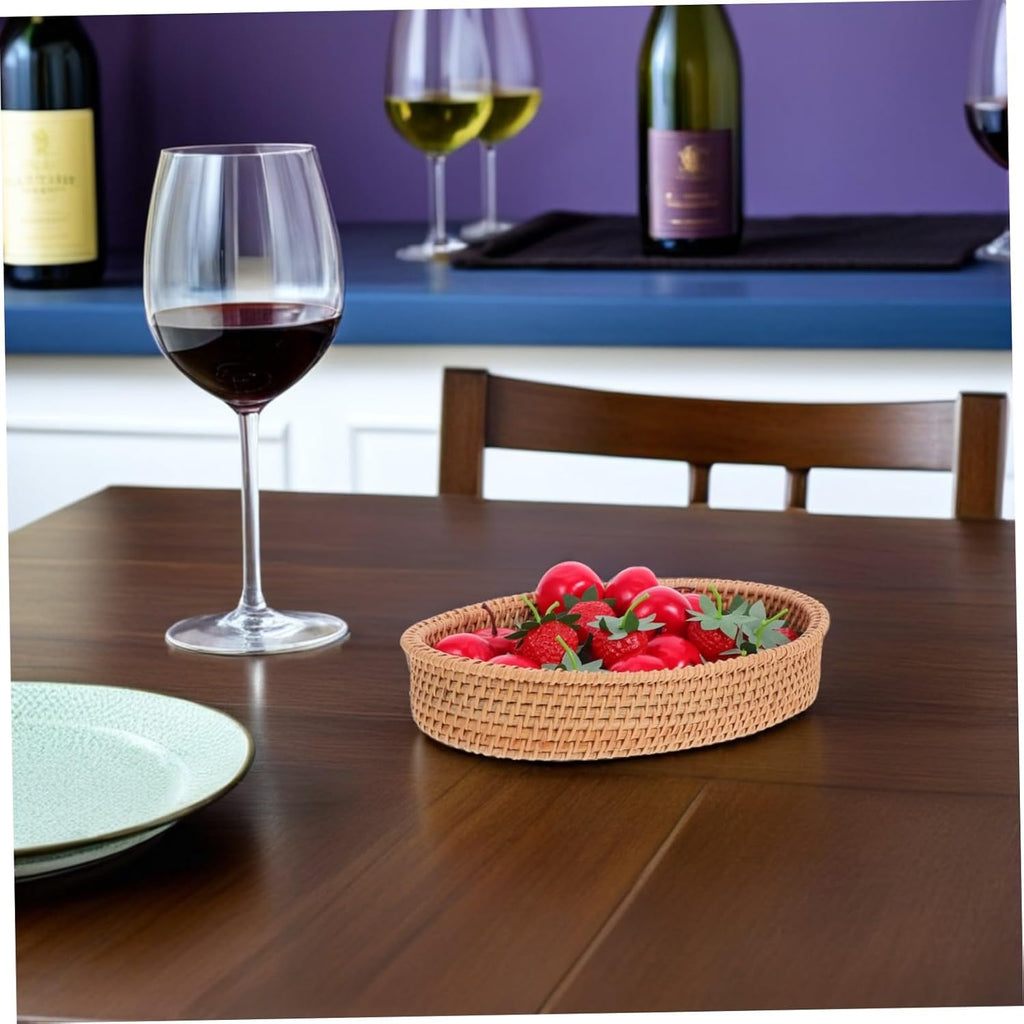 VANZACK 3pcs Oval Handmade Rattan Bread Baskets Natural Woven Fruit Tabletop Storage Bowls Compact Kitchen Organizer Tray for Snacks and Small Essentials