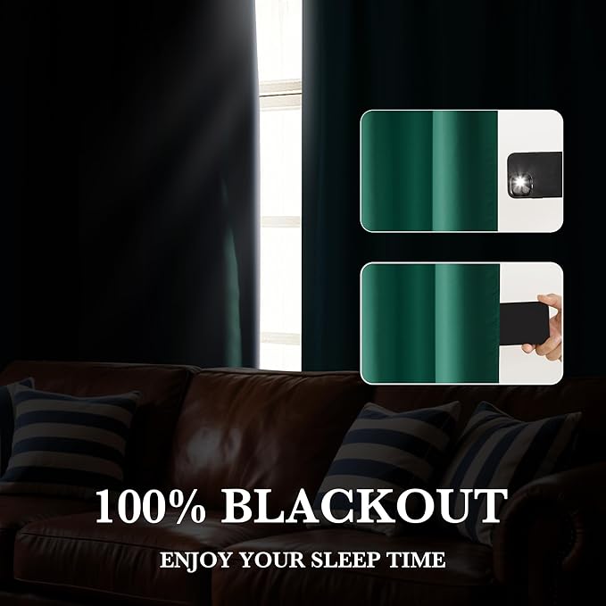RYB HOME Bedroom Blackout Curtains 80 inches Long, 100% Blackout Thermal Insulated Noise Reducing Curtains for Living Room Nursury, 42 inches Wide by 80 inches Long, Dark Green