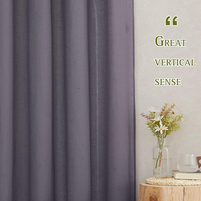 NICETOWN Faux Flax Linen Sheer Curtains for Living Room, Grommet Vertical Semi Sheer Curtains & Drapes Privacy with Light Filtering for Villa/Cottage, W52 x L96, Purple Brown, 1 Pair