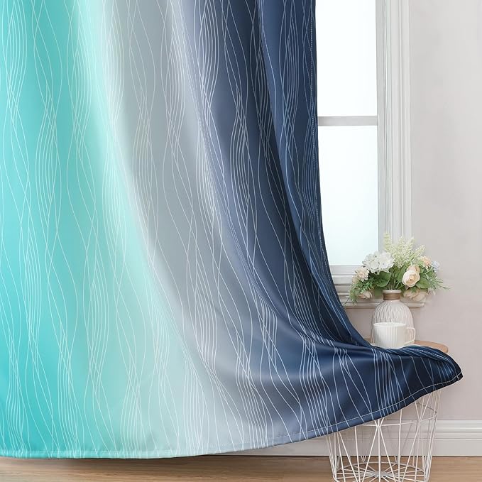 Estelar Textiler Navy Blue and Teal Gradient Blackout Curtains for Sliding Door, Thermal Insulated Ombre Blackout Drapes, Full Light Blocking Energy Saving Curtains for Living Room,52Wx108L,2 Panels